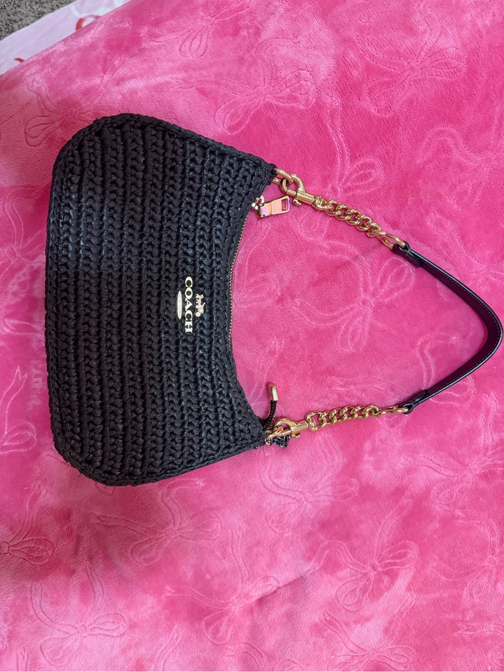 COACH Black Woven Shoulder Bag with Gold Chain Strap